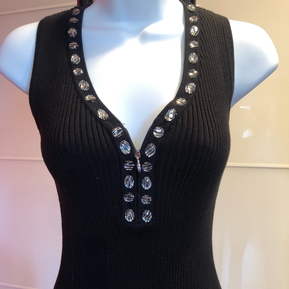 black sleeveless sweater like material with beads